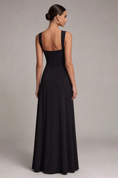 Lisbeth Black Dress with Square Neck and A-Line Skirt