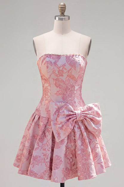 Johanna Homecoming Dress with Bow Detail and Jacquard Print