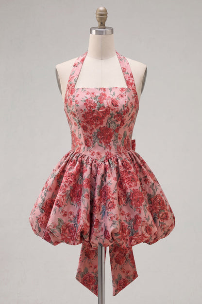 Cara Homecoming Dress with Halter Neck and Floral Jacquard
