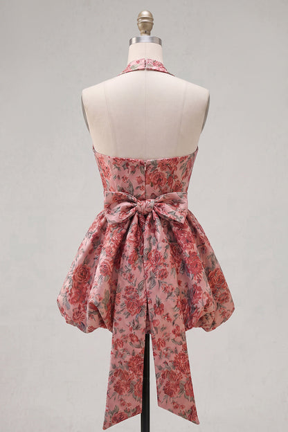 Cara Homecoming Dress with Halter Neck and Floral Jacquard