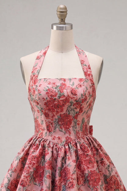 Cara Homecoming Dress with Halter Neck and Floral Jacquard