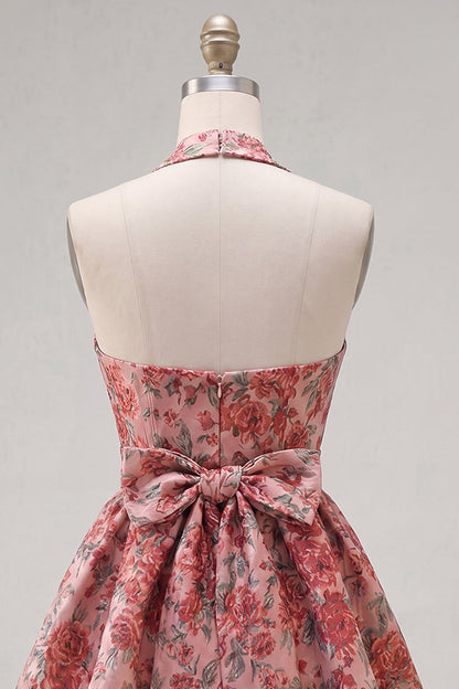 Cara Homecoming Dress with Halter Neck and Floral Jacquard