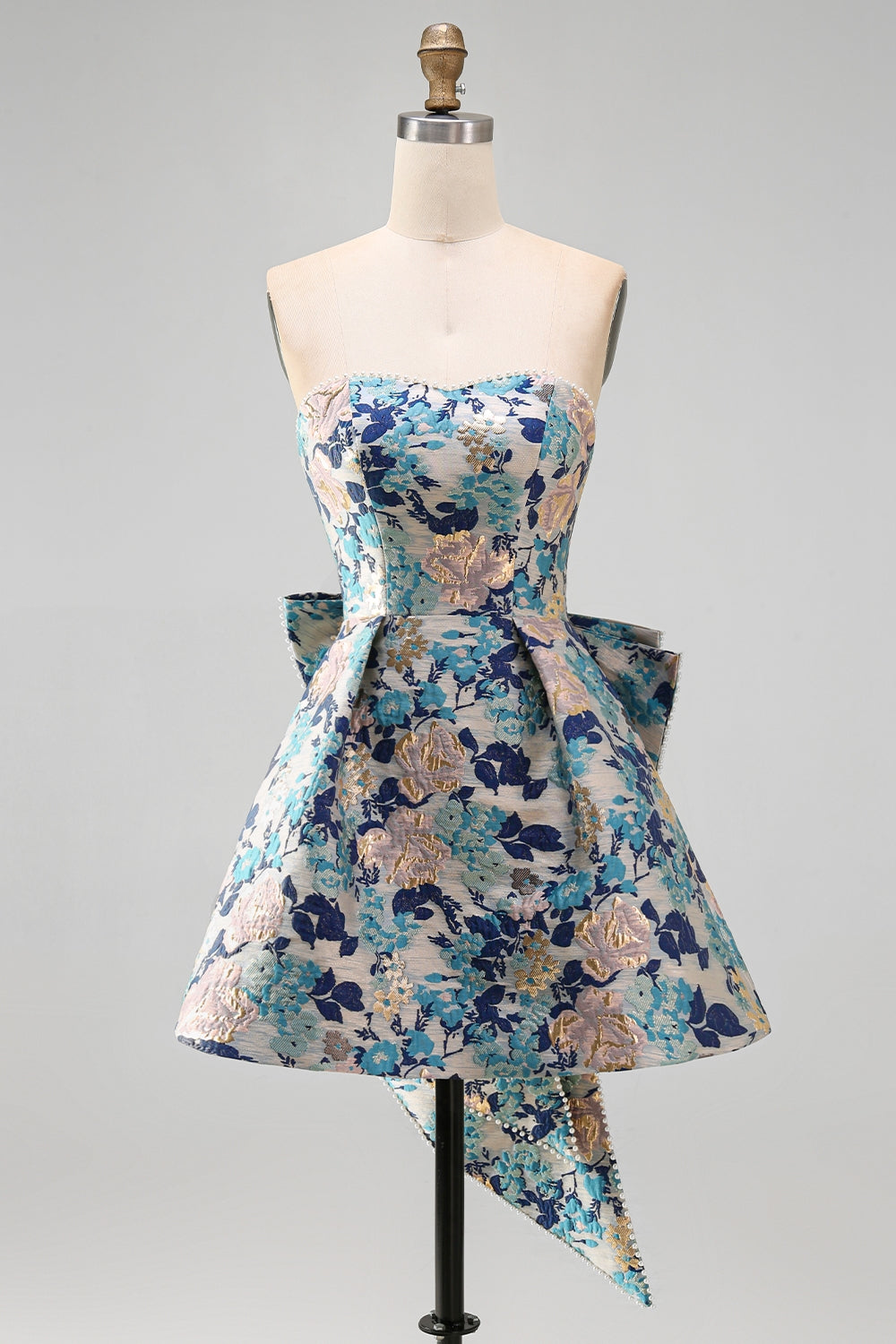 Jessa Homecoming Dress with Bow Back and Floral Jacquard