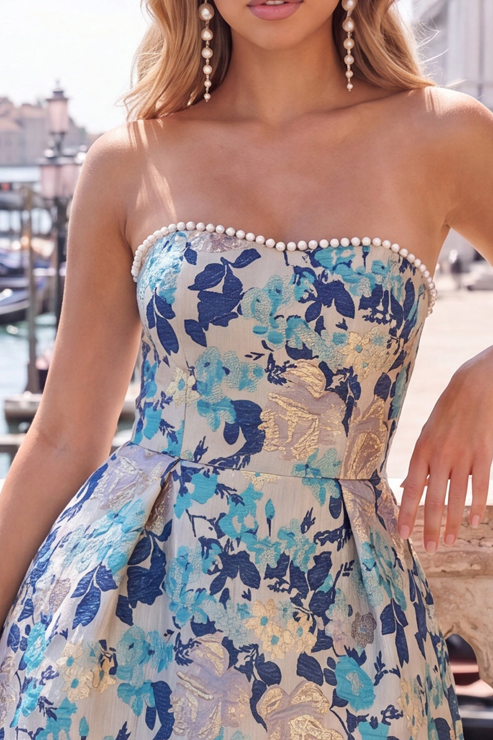Jessa Homecoming Dress with Bow Back and Floral Jacquard