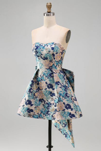 Jessa Homecoming Dress with Bow Back and Floral Jacquard