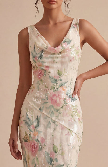 Rhea Sequin Dress with Cowl Neck and Mermaid Hem