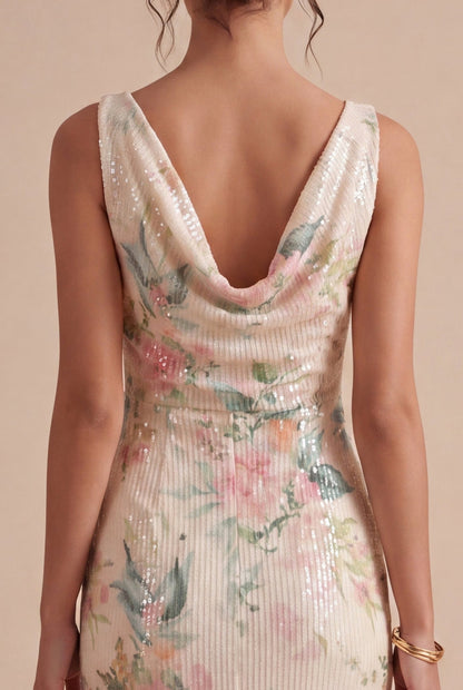 Rhea Sequin Dress with Cowl Neck and Mermaid Hem