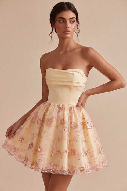 Victoire Sequin Dress with Floral Detail and Full Mini Skirt