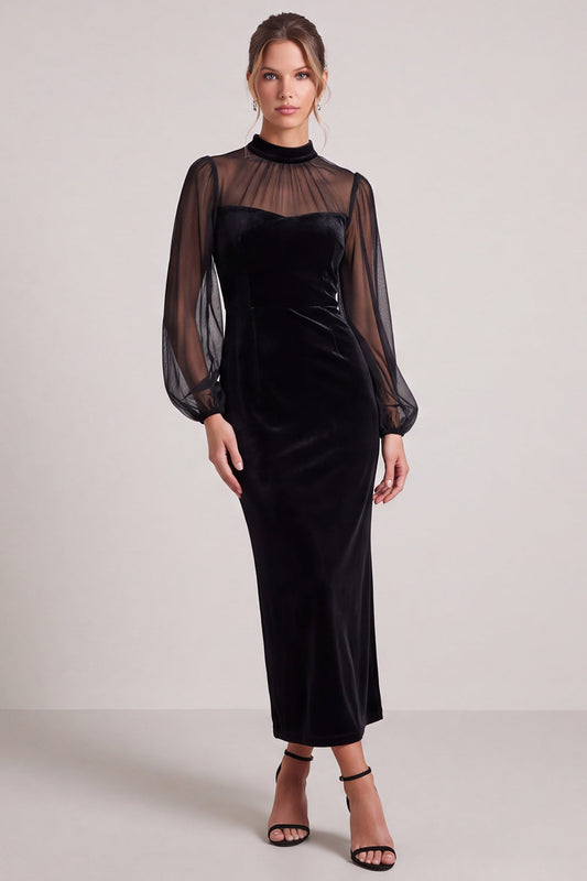 Lorelai Velvet Long Sleeve Midi Dress in Black