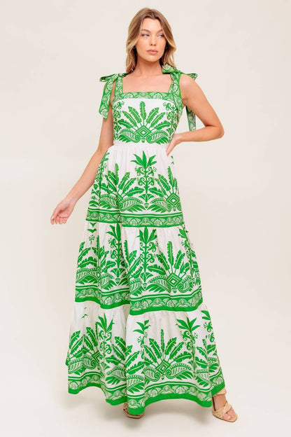 Salome Green Dress with Border Print and Full Skirt
