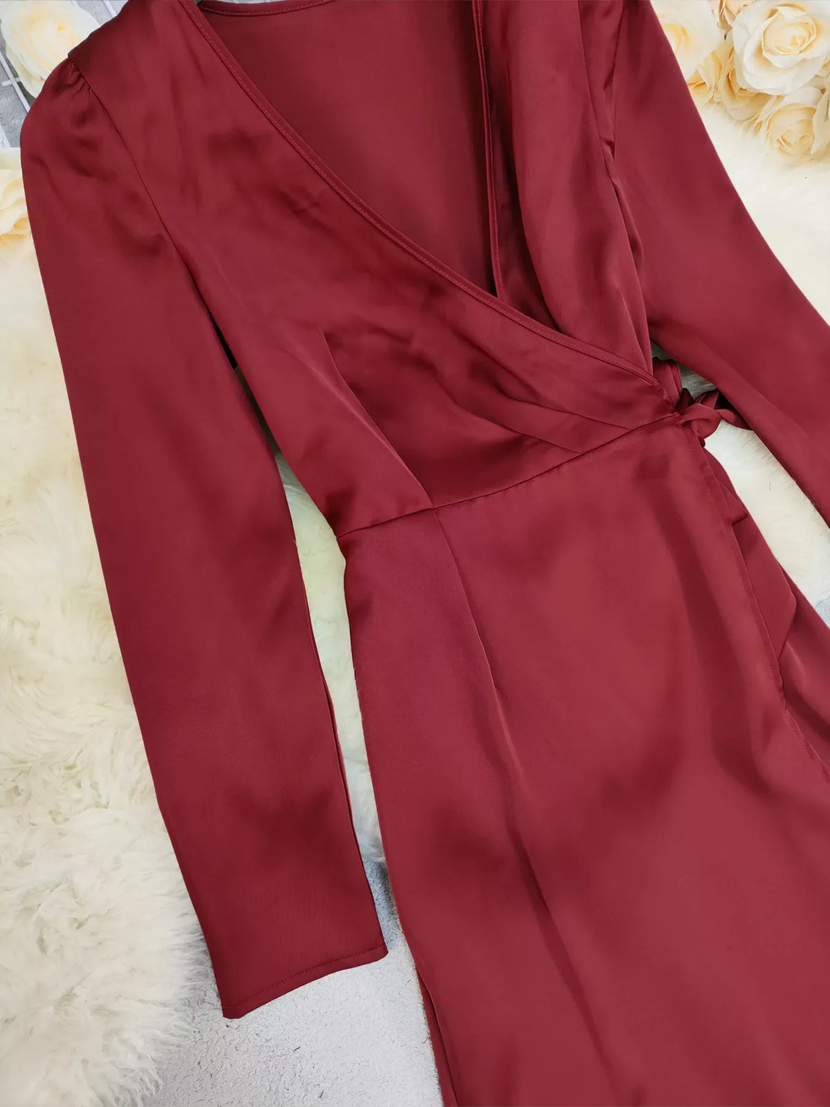 Vienna Long Sleeve Dress with Surplice Neck and Tie Waist