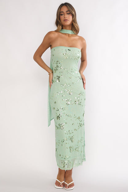 Clio Sequin Dress with Strapless Neck and Floral Beading