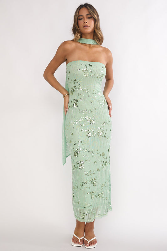 Clio Sequin Dress with Strapless Neck and Floral Beading