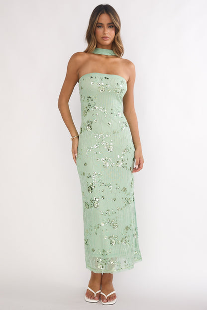 Clio Sequin Dress with Strapless Neck and Floral Beading