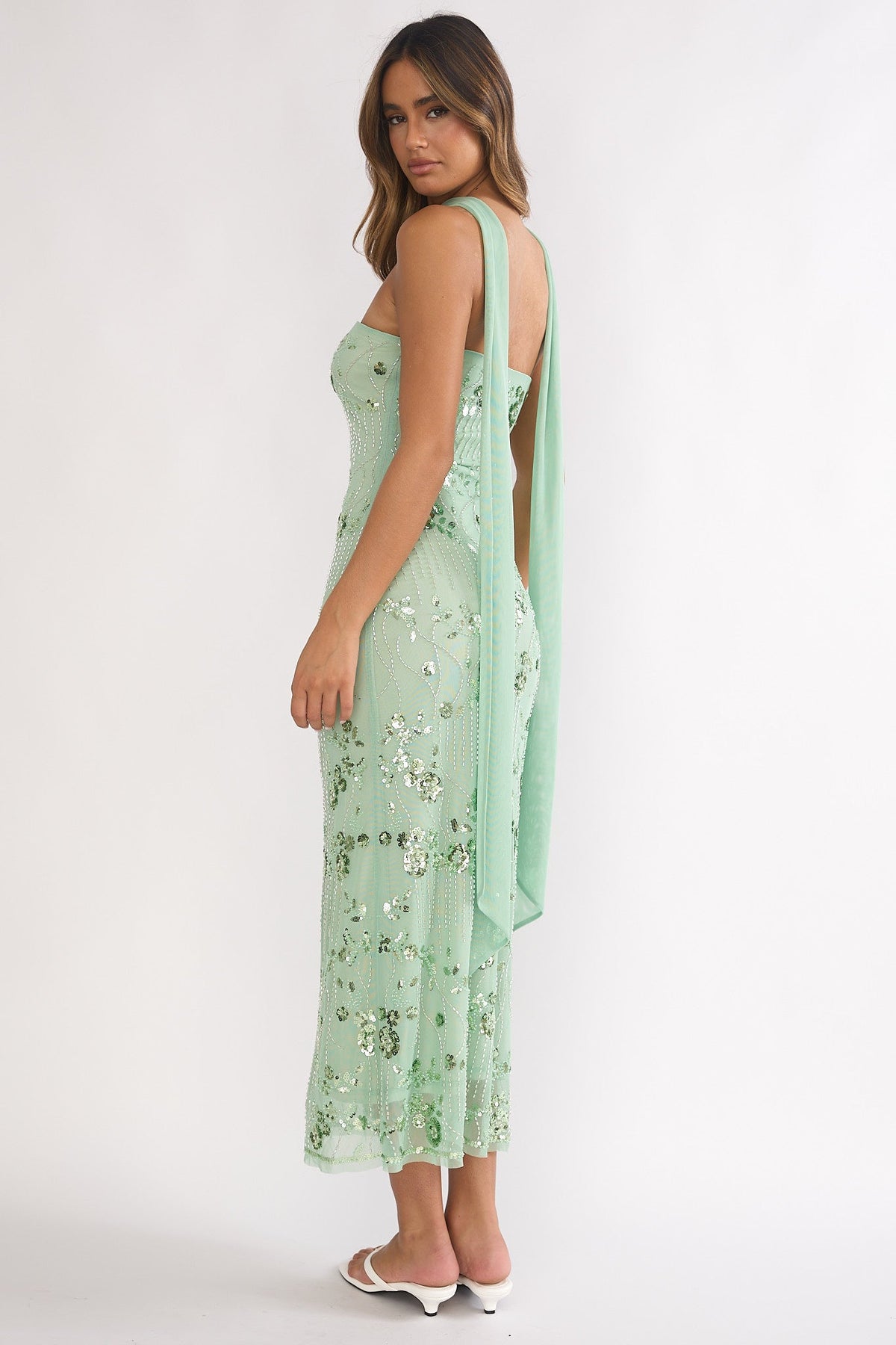Clio Sequin Dress with Strapless Neck and Floral Beading