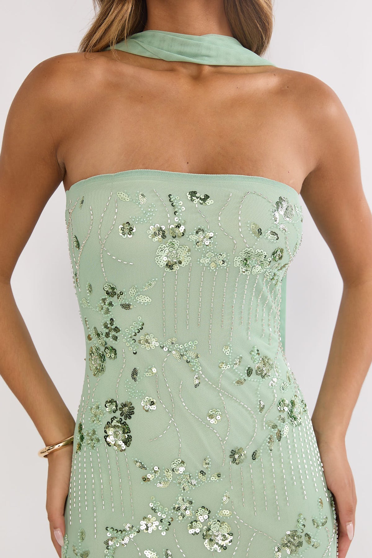 Clio Sequin Dress with Strapless Neck and Floral Beading