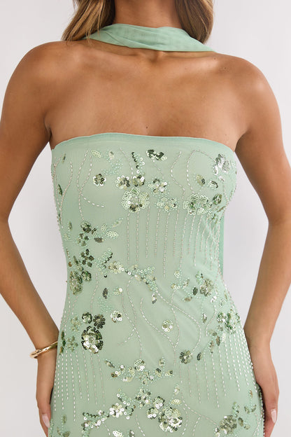 Clio Sequin Dress with Strapless Neck and Floral Beading