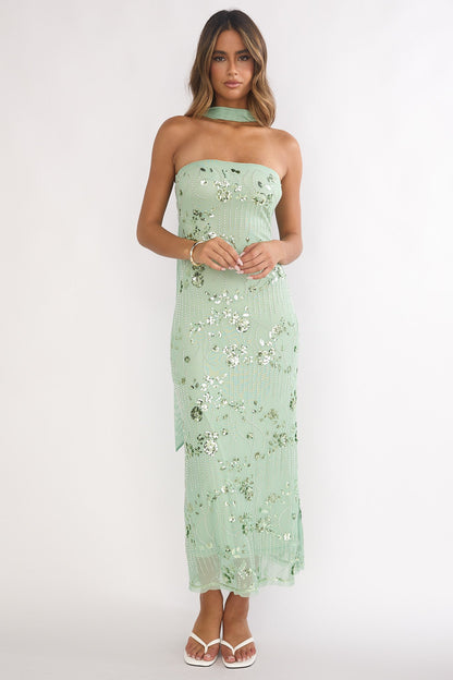 Clio Sequin Dress with Strapless Neck and Floral Beading
