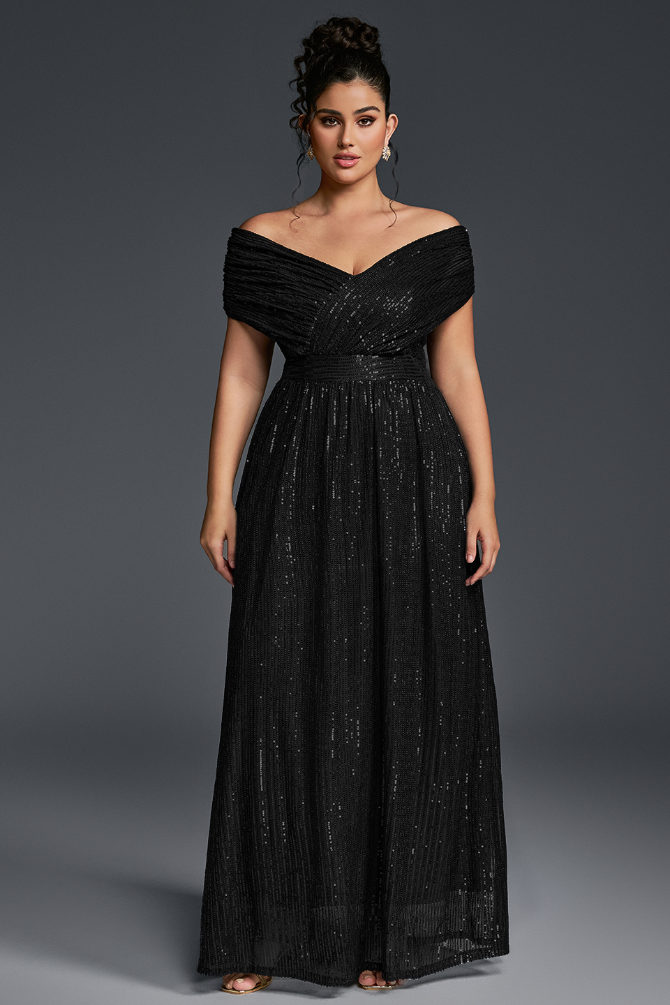Gaia Sequin Dress with Off-Shoulder Neck and Empire Waist