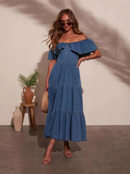 Alessa Off-Shoulder Brunch Dress in Dark Blue Denim