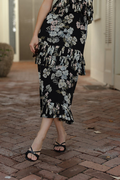 Fleurette Black Dress with Floral Print and Halter Neck
