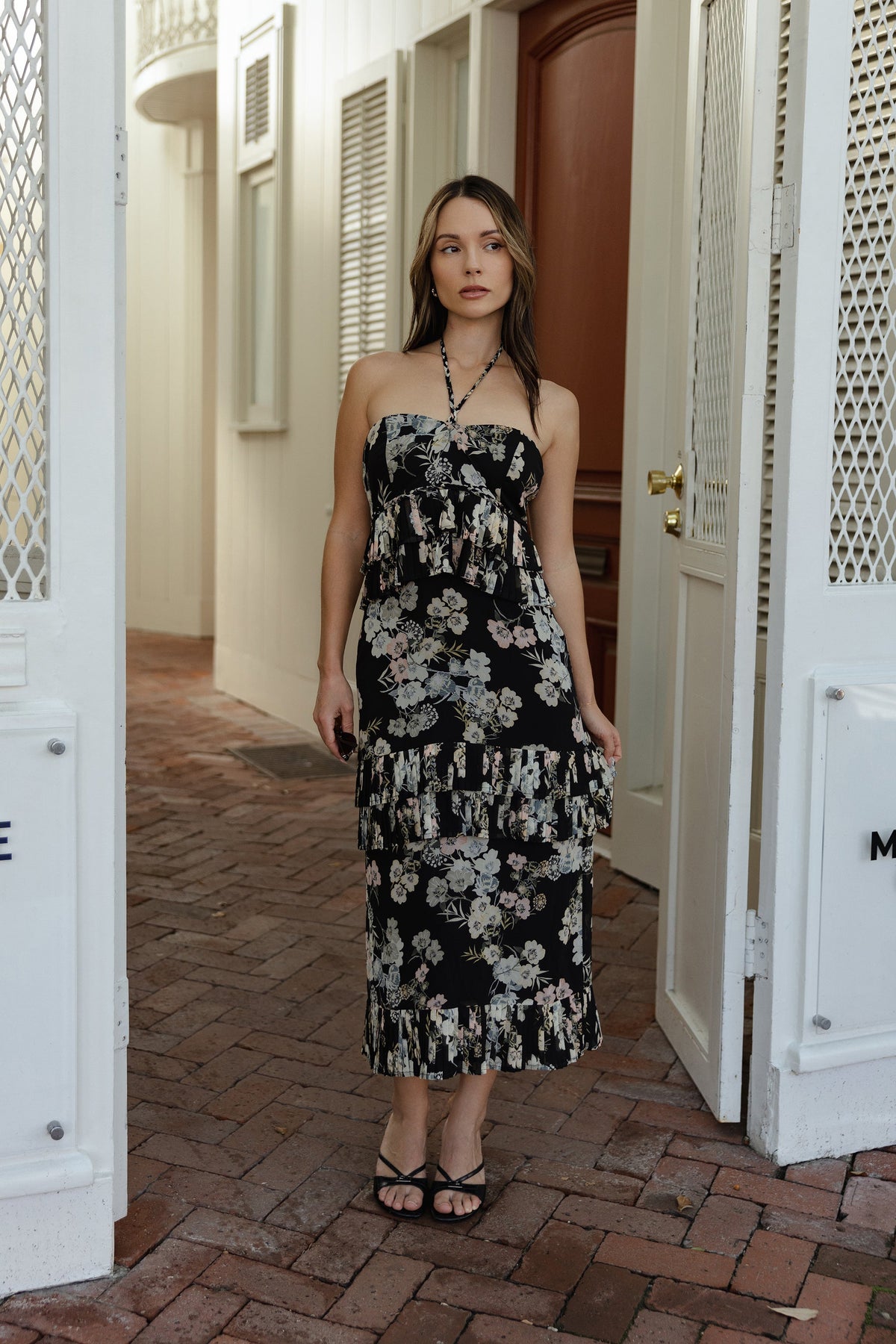 Fleurette Black Dress with Floral Print and Halter Neck