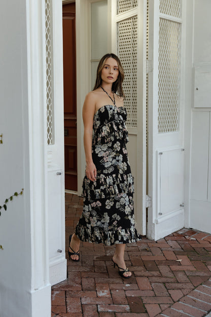 Fleurette Black Dress with Floral Print and Halter Neck