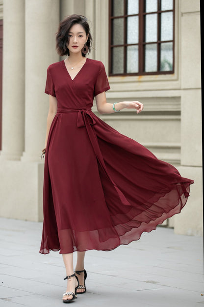Florine Burgundy Dress with Wrap Front and Flared Skirt