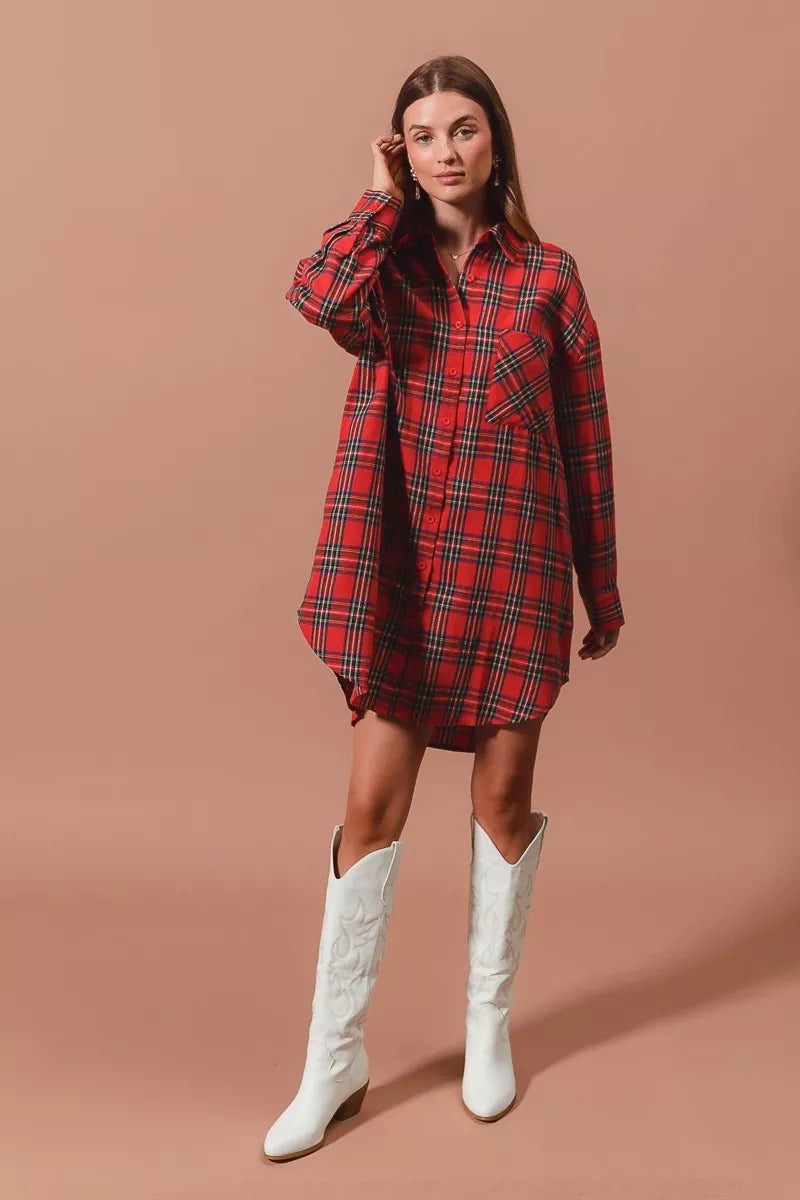 Laurel Red Dress with Tartan Check and Shirt Collar