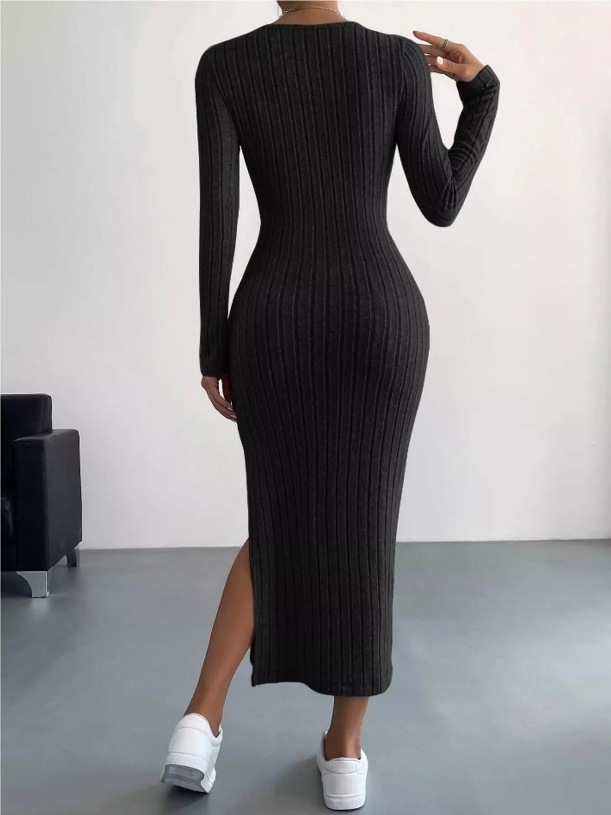 Anneli Knit Dress with Ribbed Bodycon Fit and Side Slit