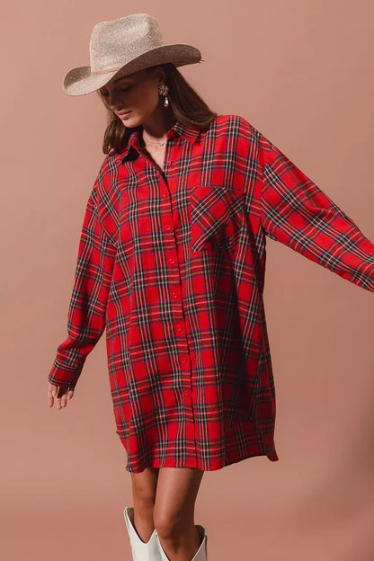 Laurel Red Dress with Tartan Check and Shirt Collar