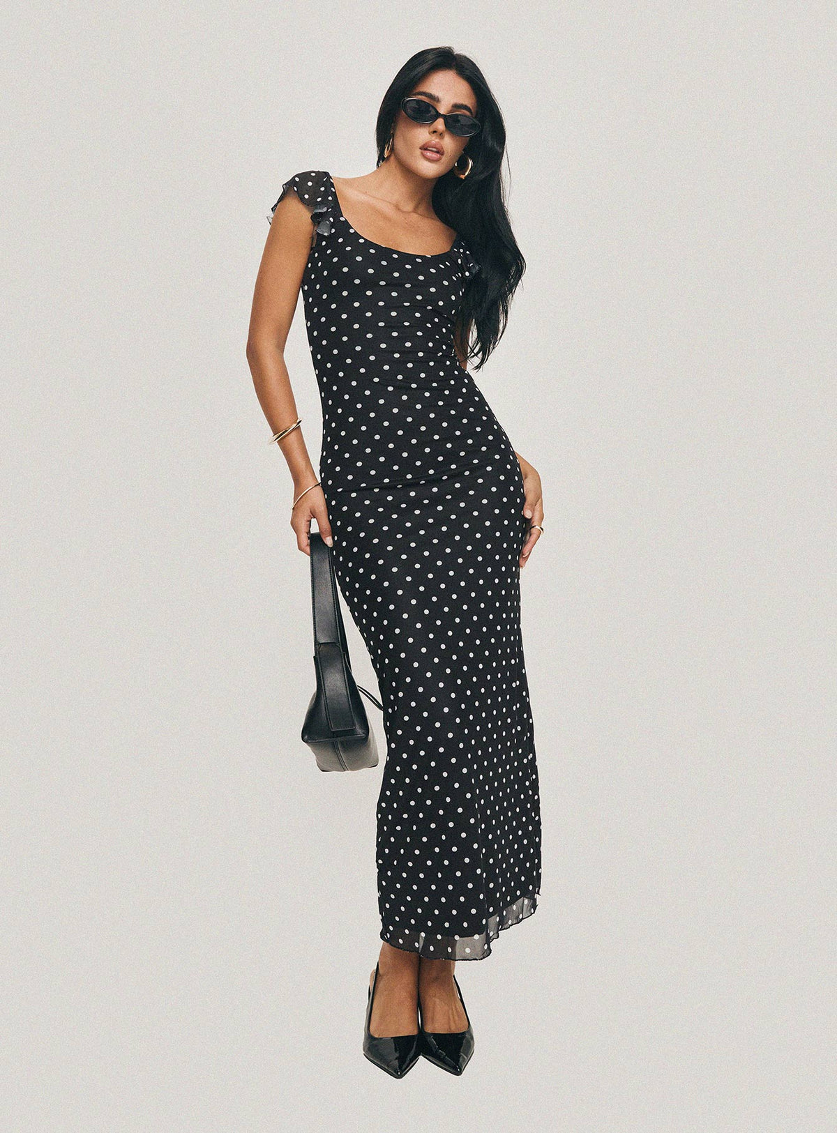 Aderyn Black Dress with Polka Dots and Boat Neckline