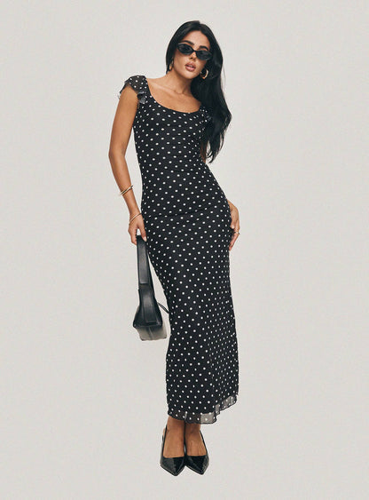Aderyn Black Dress with Polka Dots and Boat Neckline