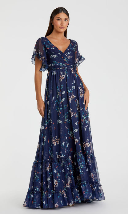 Perpetua Formal Dress with Floral Print and Flutter Sleeves