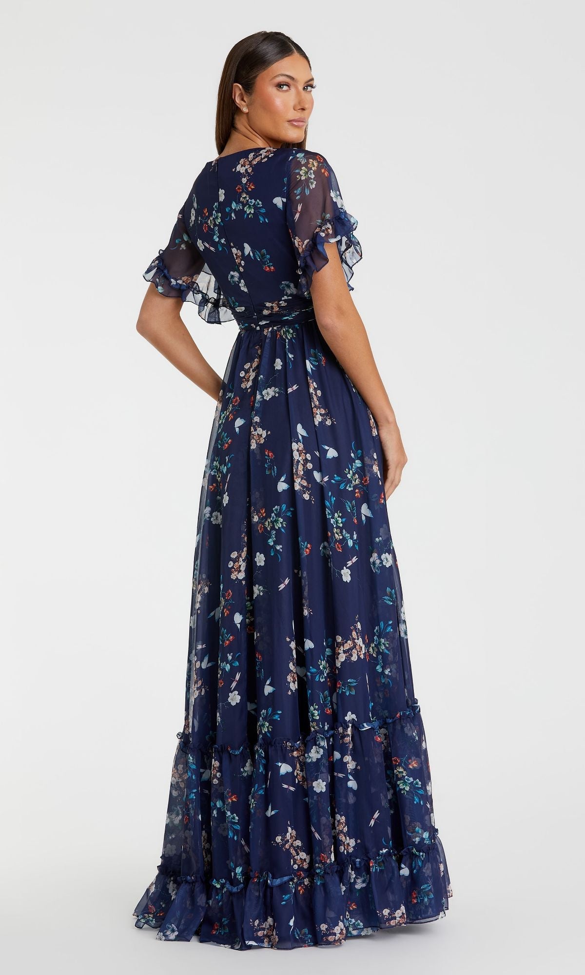 Perpetua Formal Dress with Floral Print and Flutter Sleeves