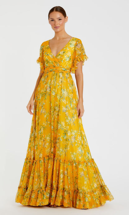 Perpetua Formal Dress with Floral Print and Flutter Sleeves