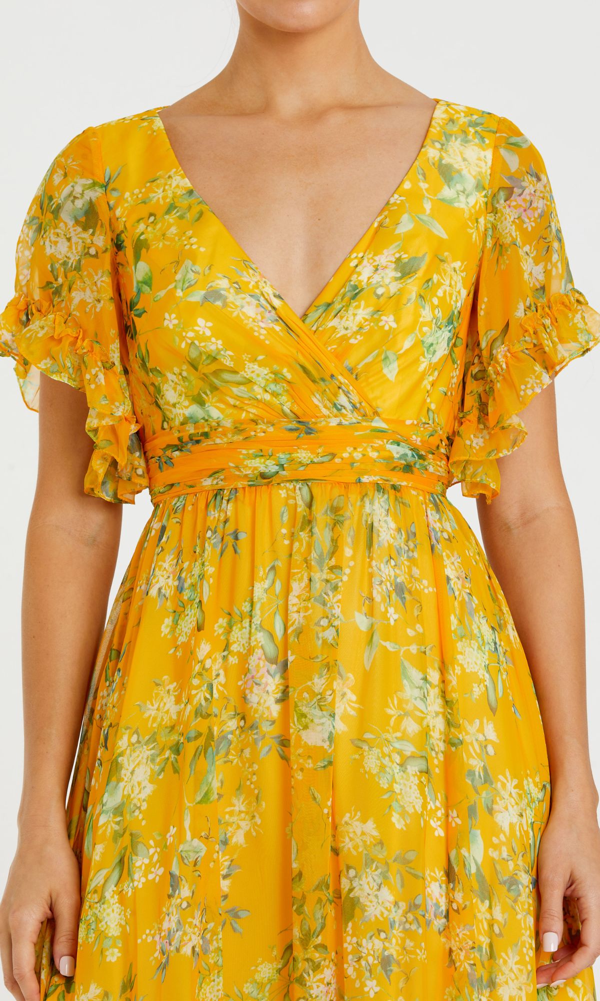 Perpetua Formal Dress with Floral Print and Flutter Sleeves