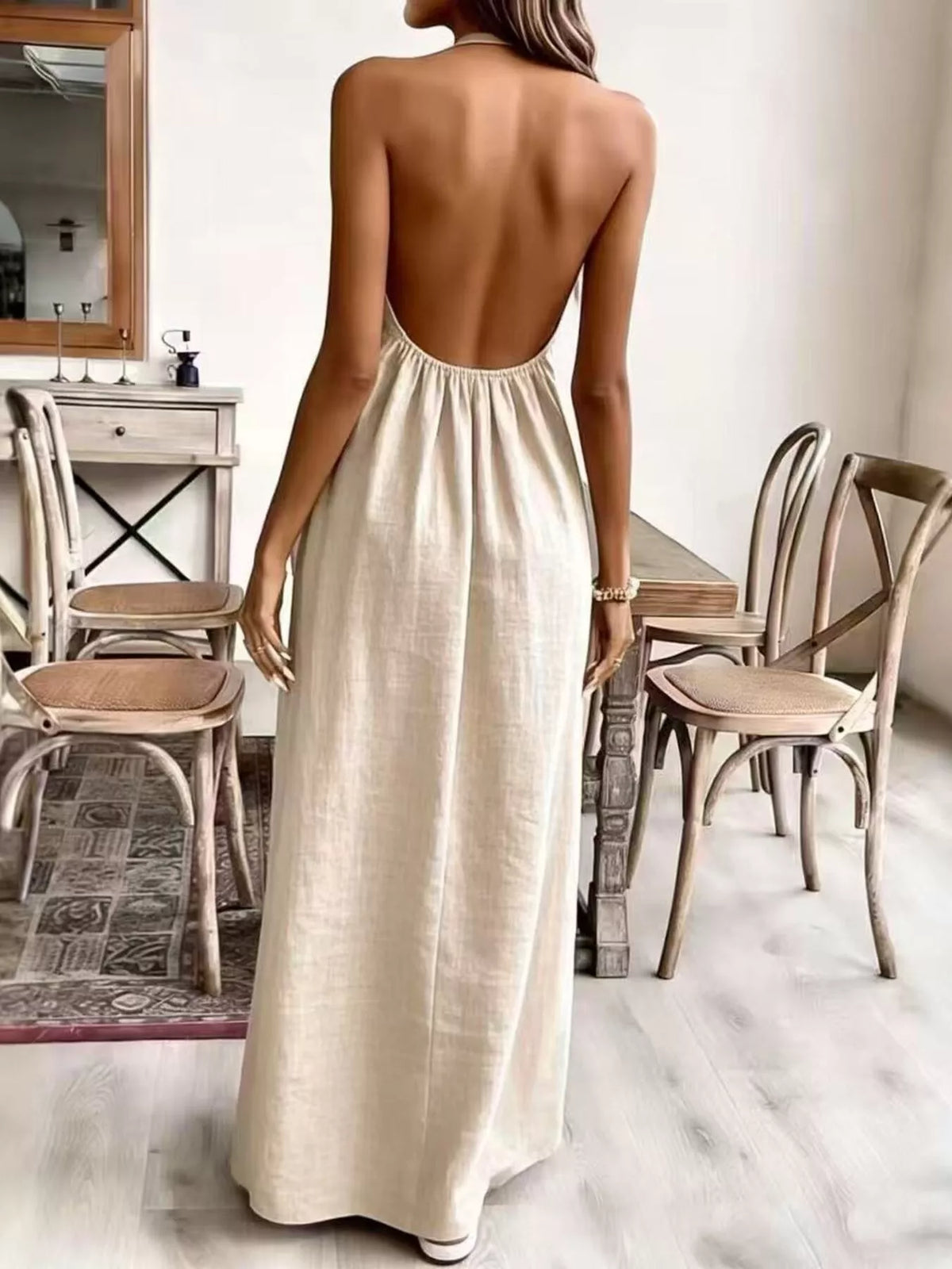 Maia Cream Dress with Halter Neck and Draped Cape Back