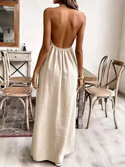 Maia Cream Dress with Halter Neck and Draped Cape Back