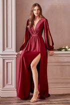 Adaline Long Sleeve Dress with Deep V Neck and High Slit