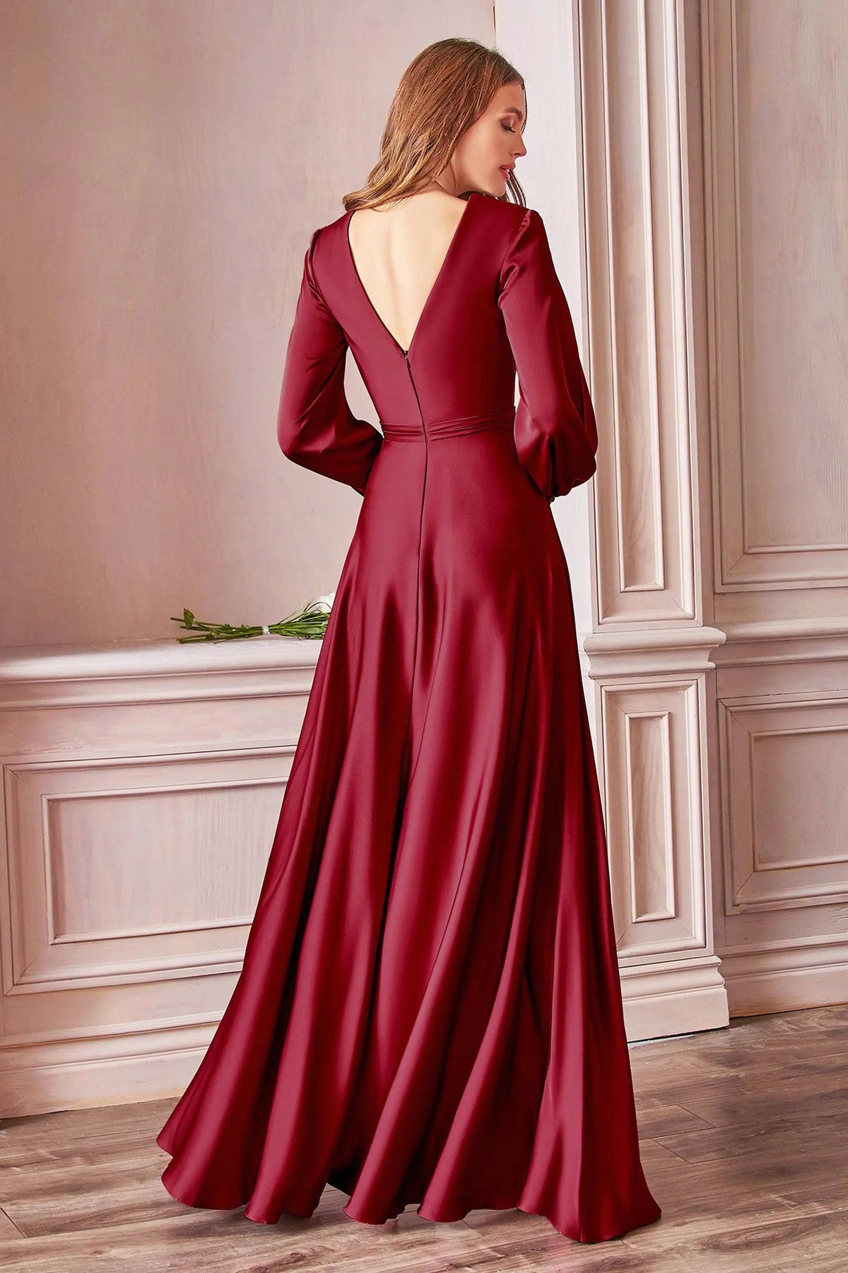 Adaline Long Sleeve Dress with Deep V Neck and High Slit