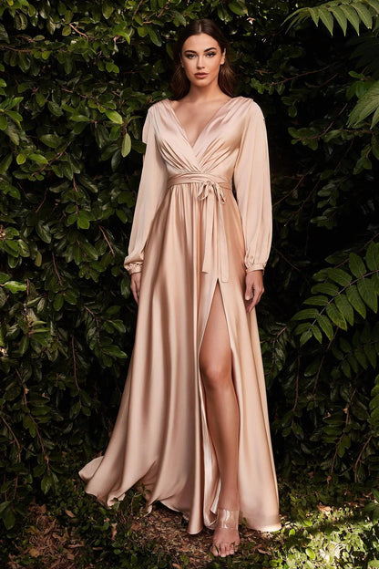 Adaline Long Sleeve Dress with Deep V Neck and High Slit