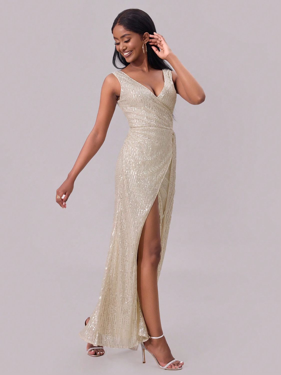 Blanche Sequin Dress with Surplice Neck and High Slit