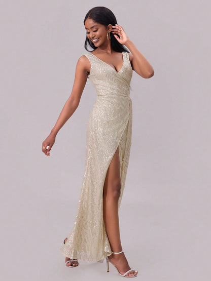 Blanche Sequin Dress with Surplice Neck and High Slit