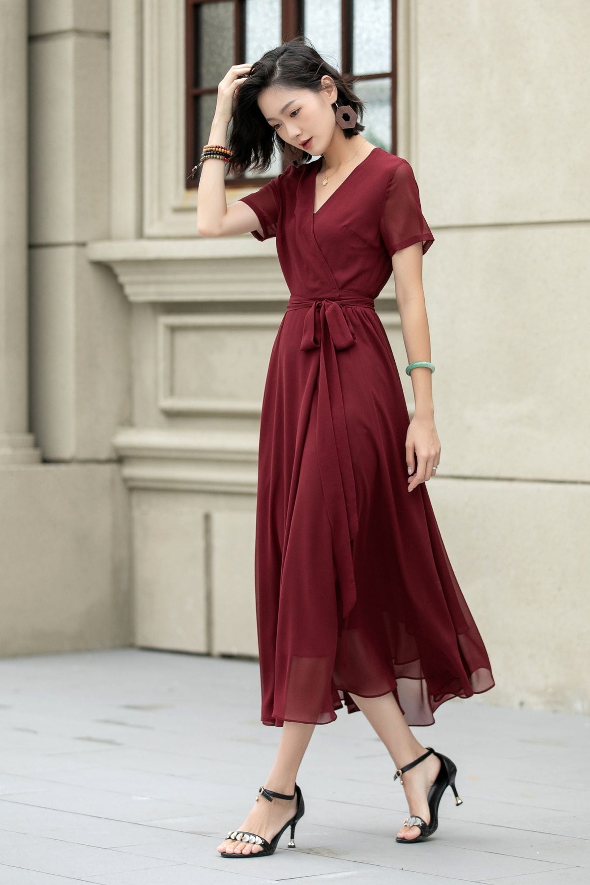 Florine Burgundy Dress with Wrap Front and Flared Skirt