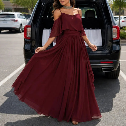 Emilia Formal Dress with Cold Shoulder and Pleated Waist