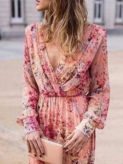Paloma Long Sleeve Dress with Floral Print and Deep V Neck