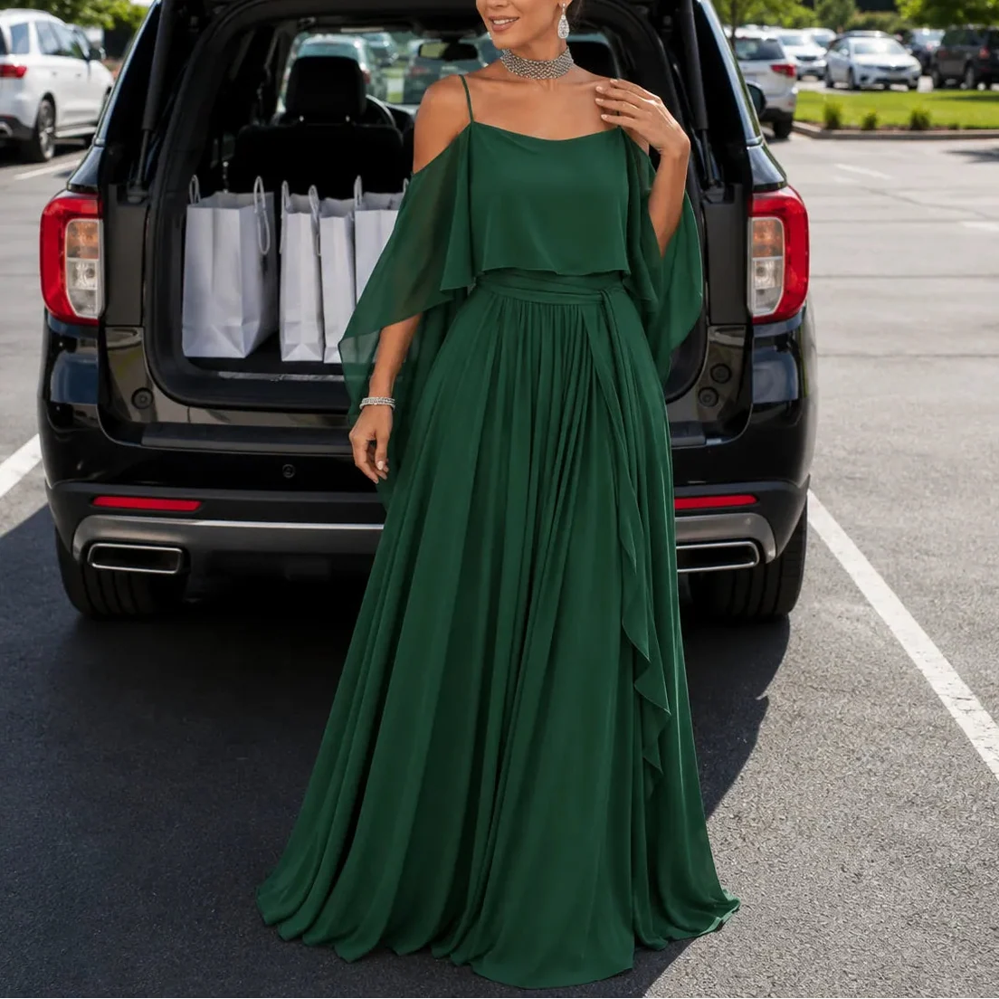Emilia Formal Dress with Cold Shoulder and Pleated Waist