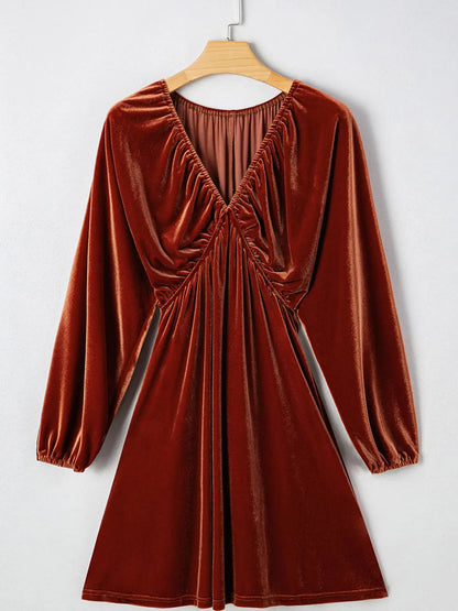 Perrine Velvet Dress with Puff Sleeves and Deep V Neck