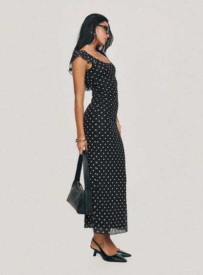 Aderyn Black Dress with Polka Dots and Boat Neckline